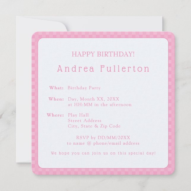 Personalised Elegant Simple Pink Birthday Party Invitation (Front)