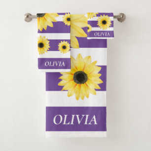 Personalised Elegant Sunfllower purple and white Bath Towel Set