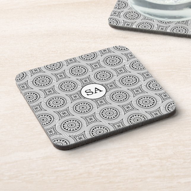 Personalised Elegant Vintage Black White Pattern Coaster (Left Side)