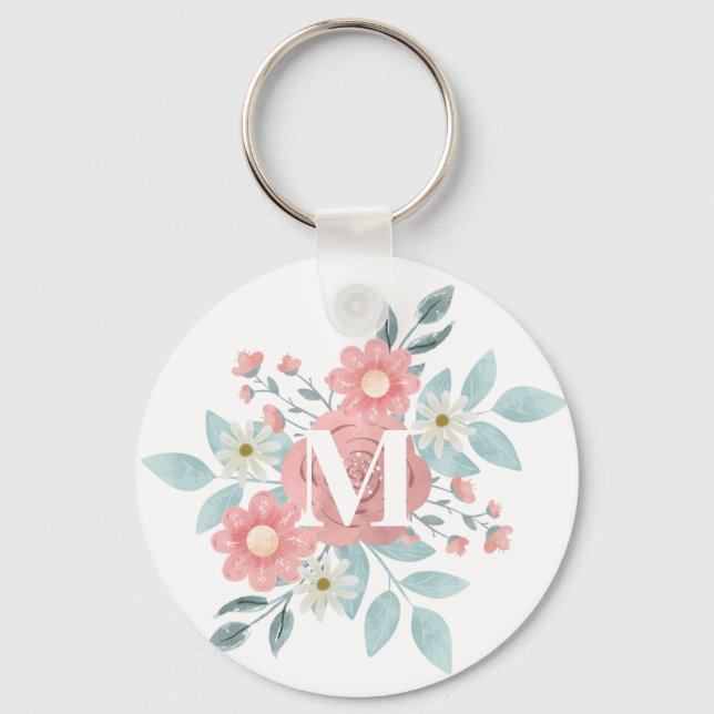 Personalised Elegant Watercolor Floral Monogram  Key Ring (Front)