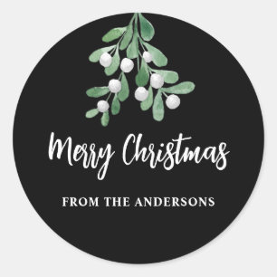 Personalised Elegant Watercolor Mistletoe Black Classic Round Sticker