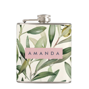 Personalised Elegant Watercolor Olive Branch Hip Flask