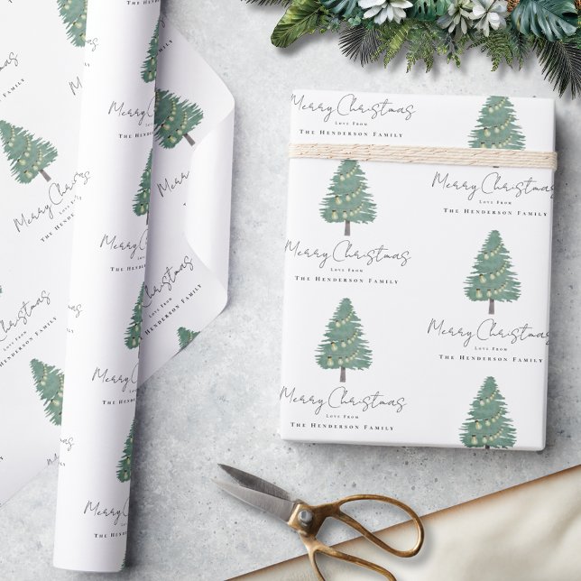 Personalised Elegant Watercolor Tree Christmas Wrapping Paper (Personalized family name merry Christmas watercolor whimsical tree green & white wrapping paper)