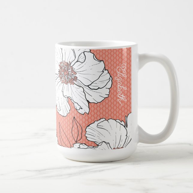 Personalised Elegant White Florals on Coral Coffee Mug (Right)