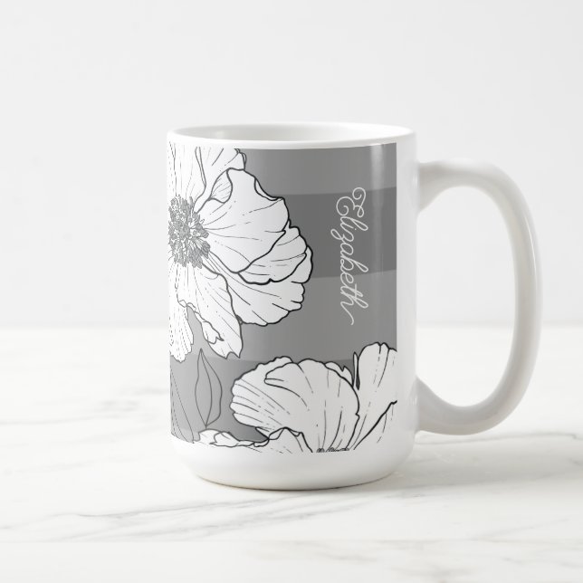 Personalised Elegant White Florals on Grey  Coffee Mug (Right)