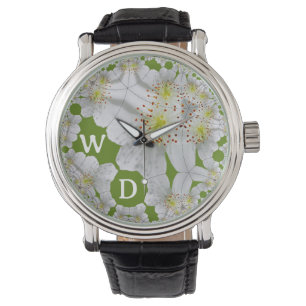 Personalised Elegant White Flower Art Olive Green Watch