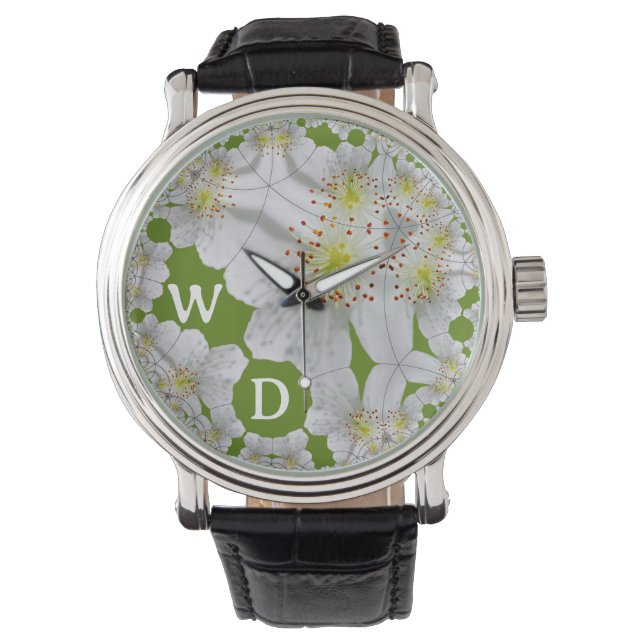 Personalised Elegant White Flower Art Olive Green Watch (Front)