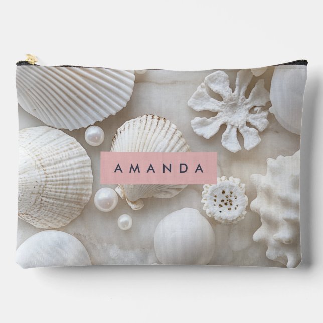 Personalised Elegant White Seashell and Pearl Accessory Pouch (Front)