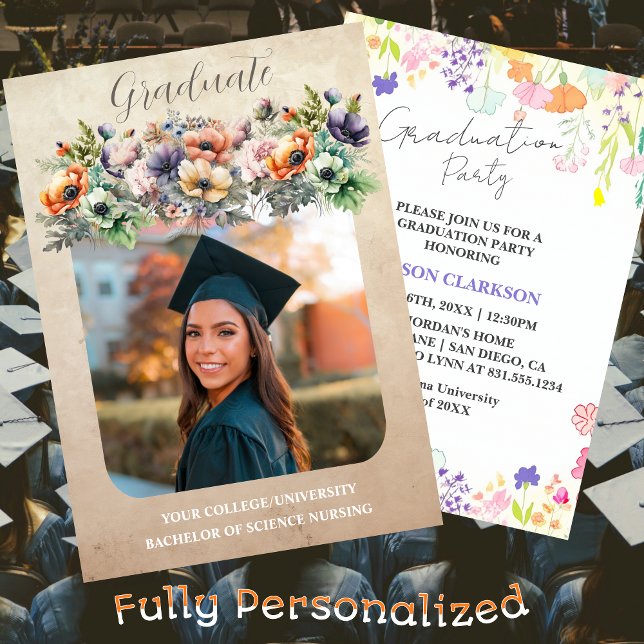 Personalised Elegant Wildflower Graduation Party Invitation (Creator Uploaded)