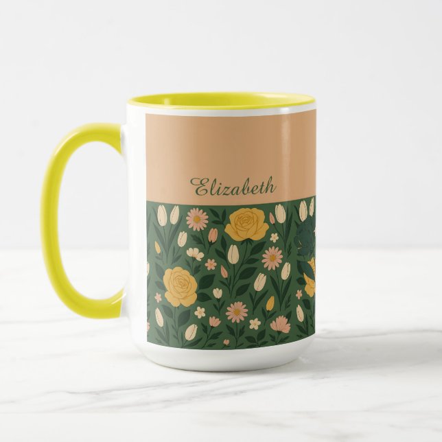 Personalised Elegant Yellow Floral Handle Coffee   Mug (Left)