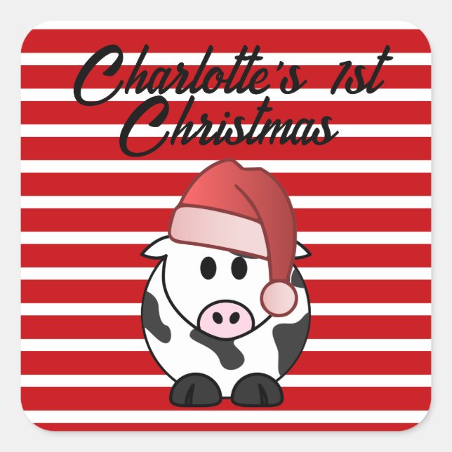 Personalised Elephant 1st Christmas Baby Girl Red  Square Sticker (Front)