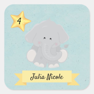 Personalised Elephant Name Age  Square Sticker