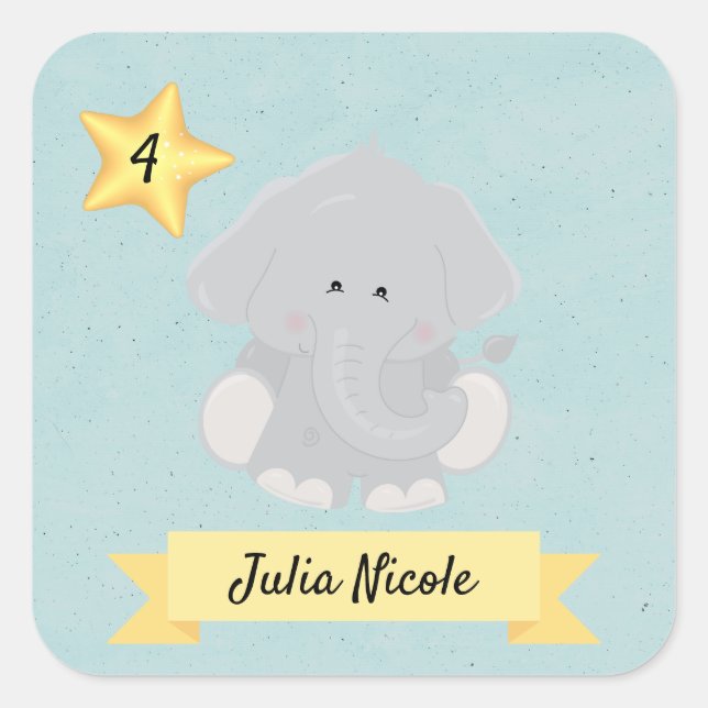 Personalised Elephant Name Age  Square Sticker (Front)