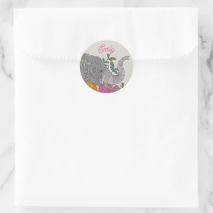 Personalised Elephant Name Round Sticker