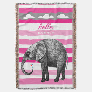 Personalised Elephant Pink Striped Clouds Throw Blanket