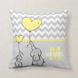Personalised Elephant Yellow Grey Chevron Nursery Cushion