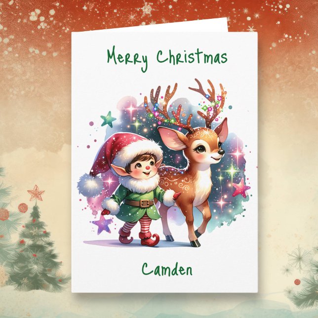 Personalised Elf and Deer Colouring Page Christmas Card (Creator Uploaded)