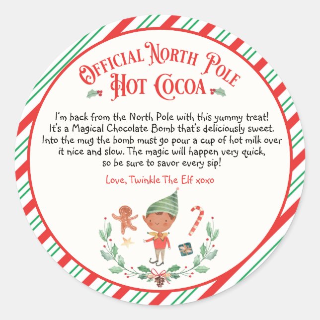 Personalised Elf Hot Chocolate Bomb Arrival Gift Classic Round Sticker (Front)