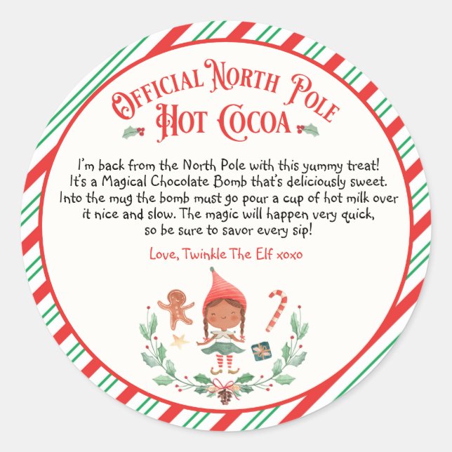 Personalised Elf Hot Chocolate Bomb Arrival Gift Classic Round Sticker (Front)