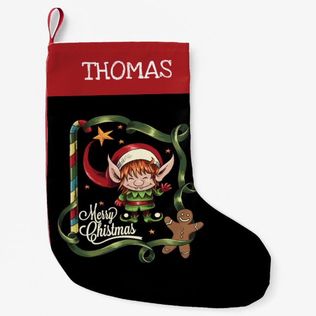 Personalised Elf Merry Christmas Gingerbread Small Christmas Stocking (Front)