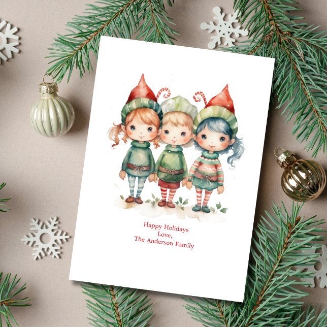 Personalised Elves Elf Holiday Christmas Card (Three Whimsical Watercolor Elves Christmas Holiday Card. Printed or Digital Instant download)