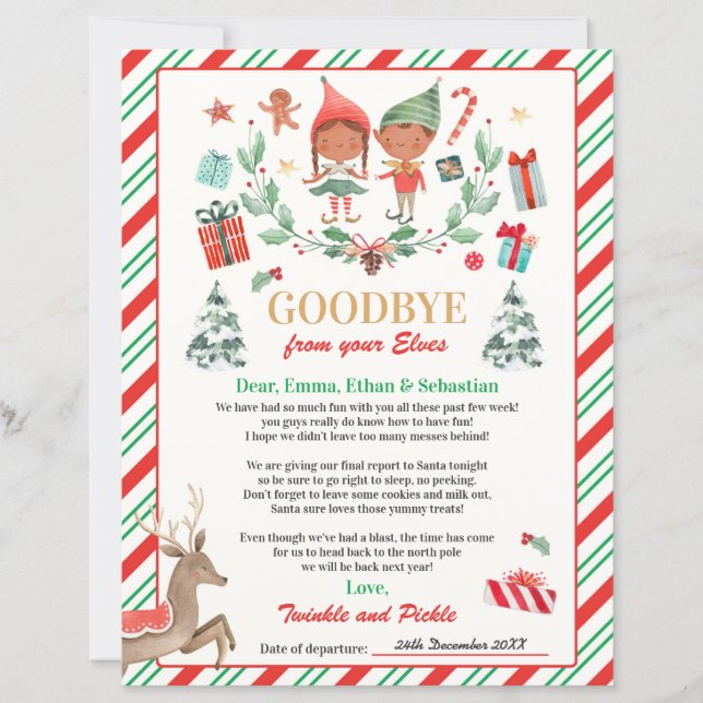 Personalised Elves Goodbye Letter Elf Holiday Card (Front)
