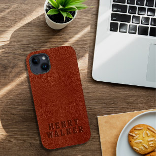 Personalised Embossed Brown Vegan Leather Case-Mate iPhone 14 Plus Case