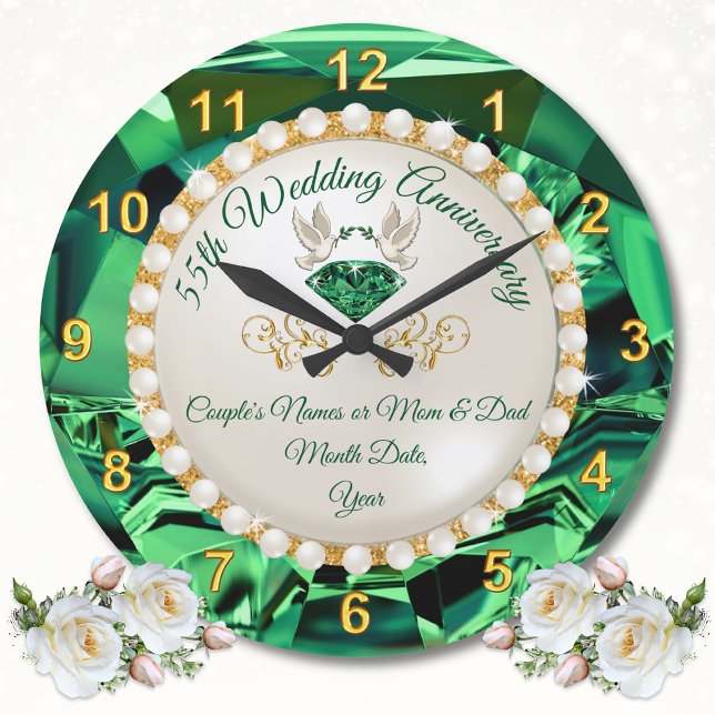 Personalised ,Emerald Wedding Anniversary Gifts, Large Clock (Emerald Green Wall Clock. Personalised, 55th wedding anniversary gift ideas for parents. 55 year.)