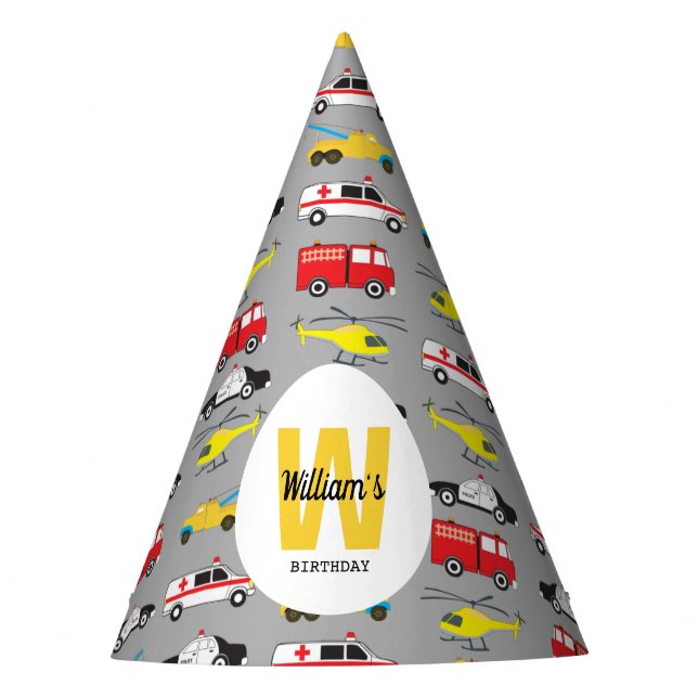 Personalised Emergency Vehicles Transportation Party Hat (Front)