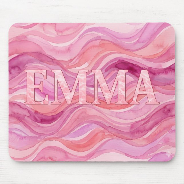 Personalised EMMA Pink Watercolor Waves Mouse Pad (Front)