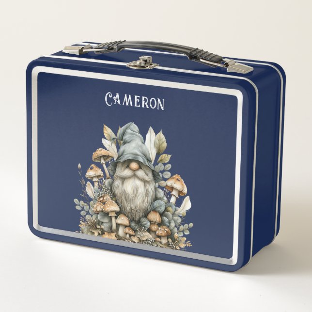 Personalised Enchanted Forest Gnome Navy Blue Metal Lunch Box (Front)
