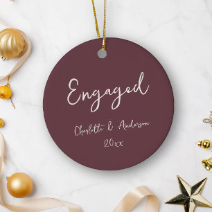 Personalised Engaged Couple Handwritten Burgundy Ceramic Tree Decoration