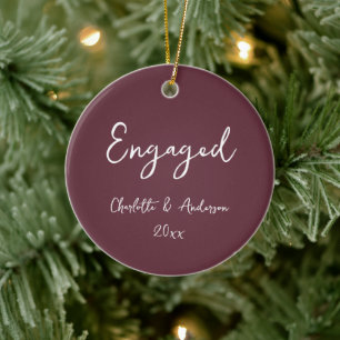 Personalised Engaged Couple Handwritten Burgundy Ceramic Tree Decoration