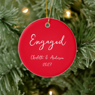 Personalised Engaged Couple Handwritten Red Ceramic Tree Decoration