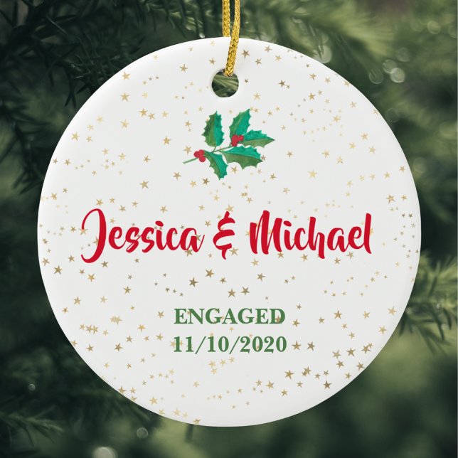 Personalised Engaged Gold Stars Holly Red Green Ceramic Tree Decoration (Creator Uploaded)