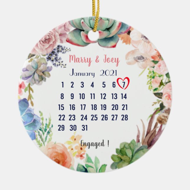 Personalised Engaged -wedding  date 7 of 31 Ceramic Tree Decoration (Front)