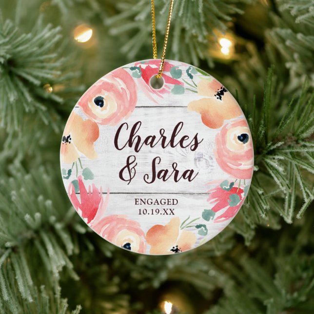 Personalised Engagement Farmhouse Floral Wreath Ceramic Tree Decoration (Tree)