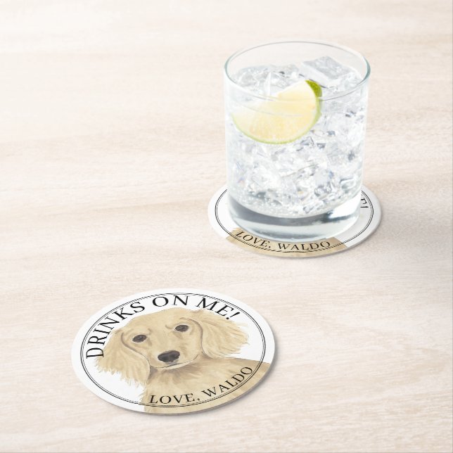 Personalised English Cream Dachshund Dog Wedding Round Paper Coaster (Insitu)