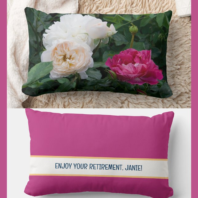 Personalised Enjoy Your Retirement Coworker Roses  Lumbar Cushion (Modern, elegant Enjoy Your Retirement personalized pillow. Photo of cream & streaked pink roses)
