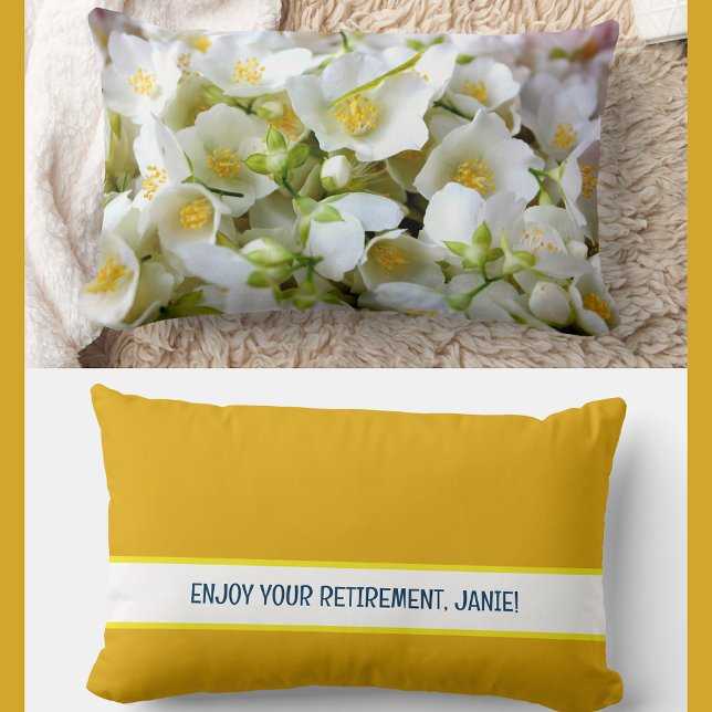 Personalised Enjoy Your Retirement Jasmine Flowers Lumbar Cushion (Elegant, modern personalized name Enjoy Your Retirement pillow. Jasmine flowers photo. Burnt yellow)