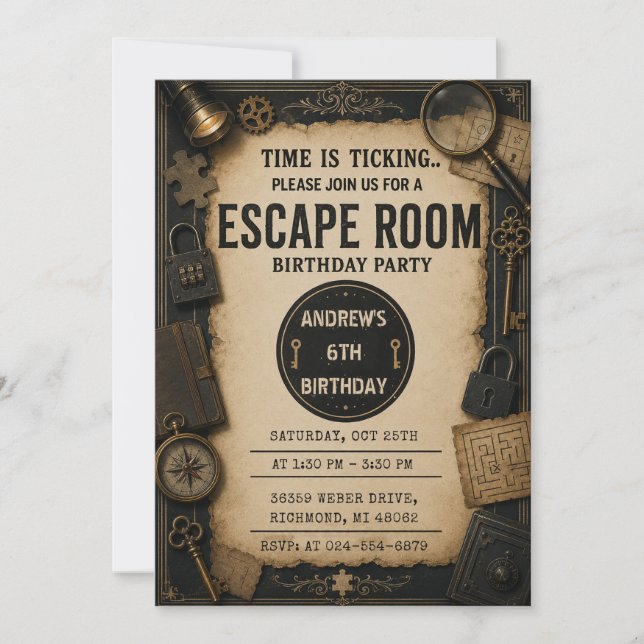 Personalised Escape Room party birthday Invitation (Front)