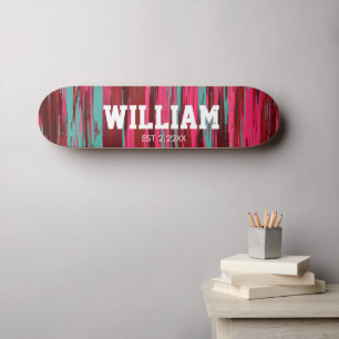 Personalised Est  Colourful Abstract Red &Pink Skateboard