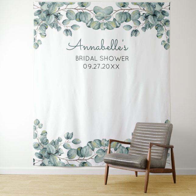 Personalised Eucalyptus Bridal Shower Photo Prop Tapestry (In Situ)