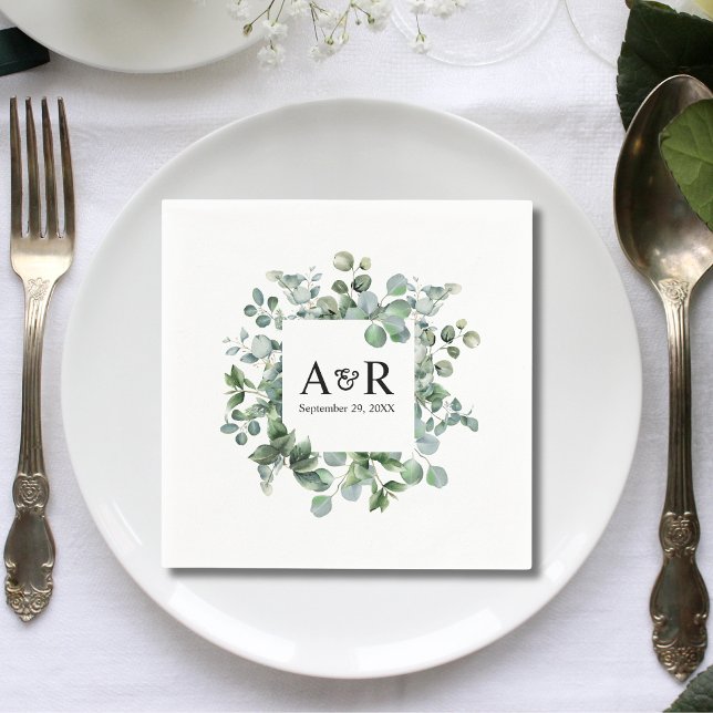Personalised Eucalyptus Couple Initials Wedding Napkin (Personalized eucalyptus couple initials wedding napkins add fresh natural elegance to receptions.)