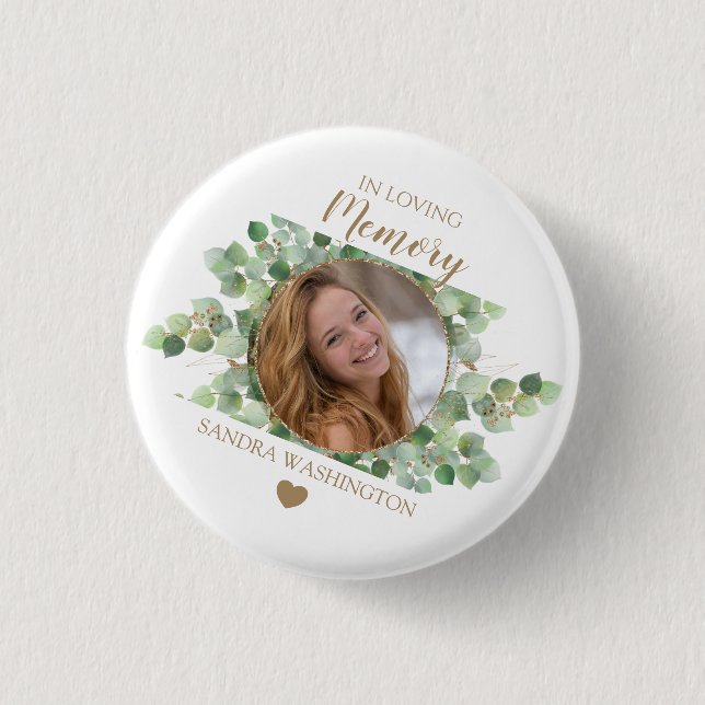 Personalised Eucalyptus Photo Memorial 3 Cm Round Badge (Front)