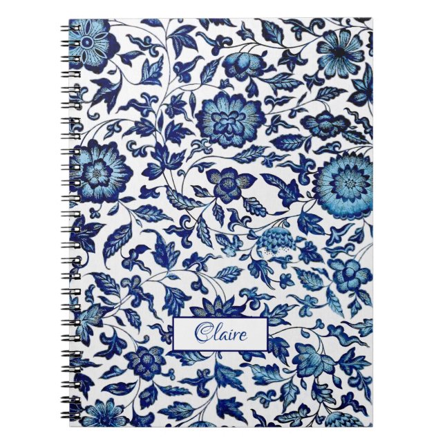 Personalised Exotic Chic Blue & White Floral Notebook (Front)