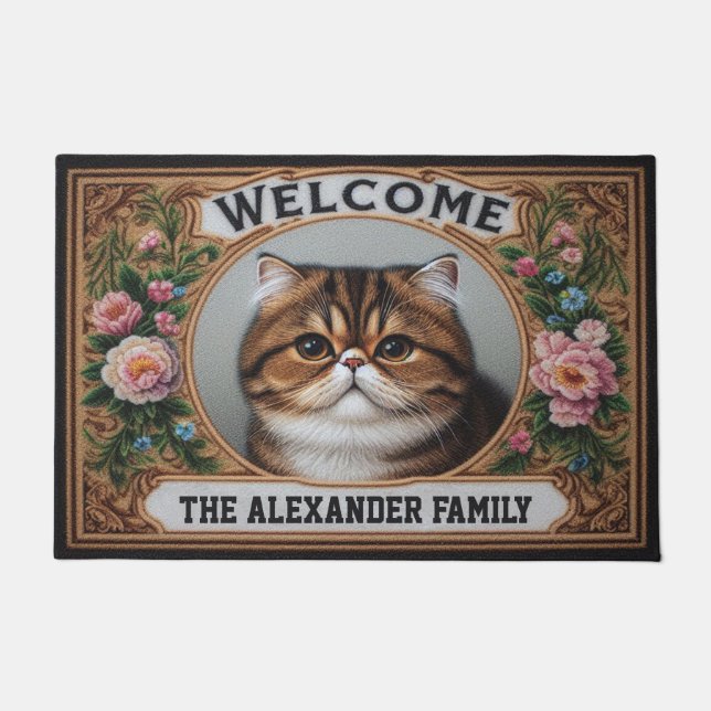 Personalised Exotic shorthair Cat Floral Welcome Doormat (Front)