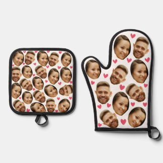 Personalised Face Custom Photo With Heart Couple Oven Mitt & Pot Holder Set