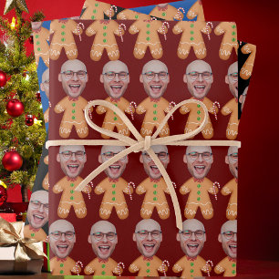 Personalised Face Photo Gingerbread Men Christmas Wrapping Paper Sheet