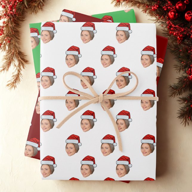 Personalised Face Photo Santa Hat Christmas Gift Wrapping Paper Sheet (Creator Uploaded)